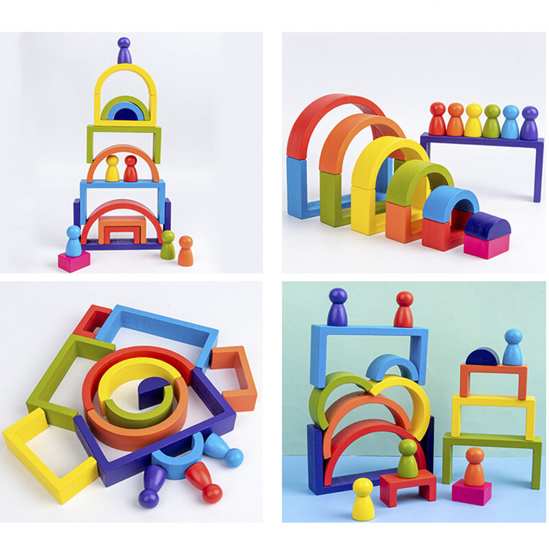 Casa ensamblada de madera para niños, juego de bloques de construcción de arcoíris, juguete educativo Montessori para aprendizaje temprano, equilibrio apilado