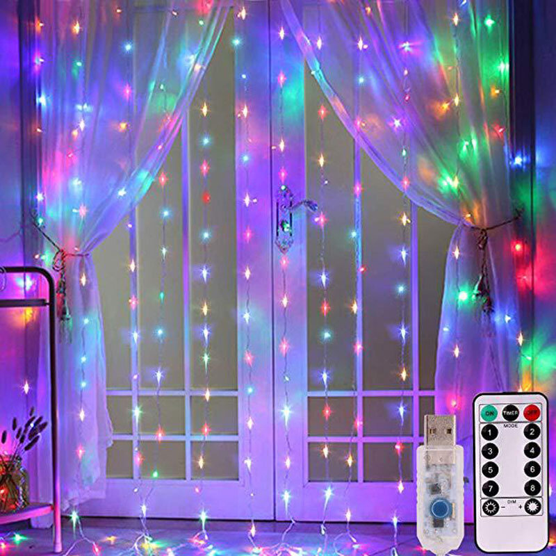 Cortina de luces LED con USB, guirnalda de hadas con Flash, Control remoto para Año Nuevo, Navidad, interior y exterior, decoración del hogar, 3M x 3M