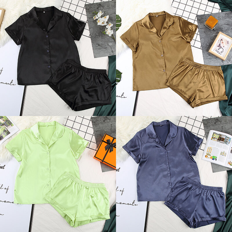 Suphis-Camisón de satén con pantalones cortos para mujer, Conjunto de pijama informal de manga corta, ropa de dormir de verano, 5 colores