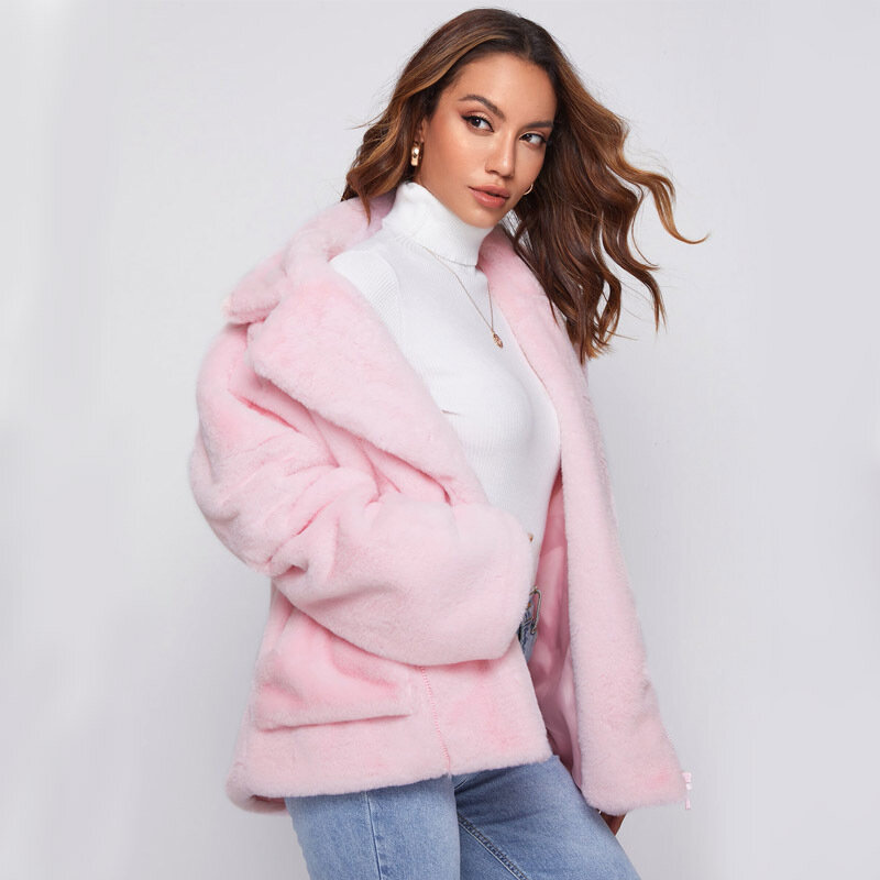 Abrigo de piel sintética para mujer, chaqueta cómoda de felpa cálida y esponjosa, abrigo de manga larga con solapa, Otoño e Invierno