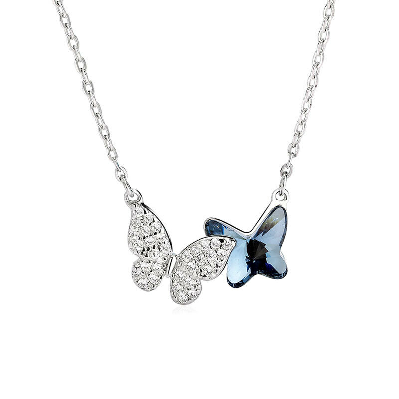 925 Sterling Silver Necklace Ladies Elegant Chain Necklace Fashion Blue Butterfly Shape Sterling Silver Jewelry Round Necklace