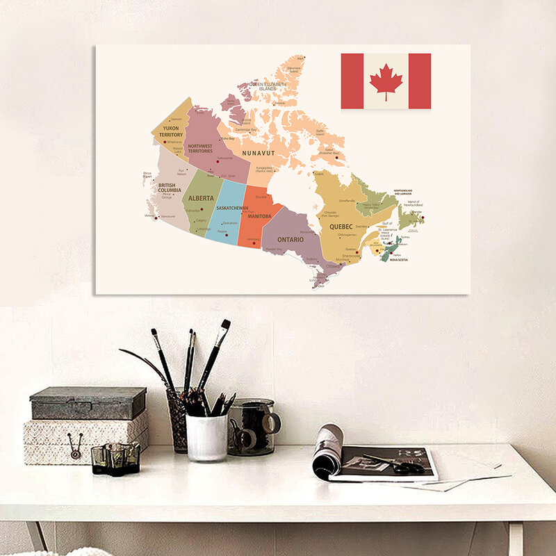 Affiche murale de la carte politique du Canada, grande toile Non tissée, peinture, décoration de salle de classe, fournitures scolaires, 225x150cm