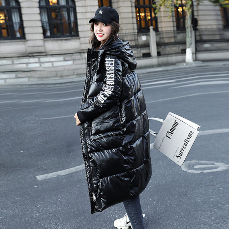 Abrigo con capucha para mujer, Chaqueta larga de algodón, Parka holgada, cálida y brillante, color negro, novedad de invierno, 2023