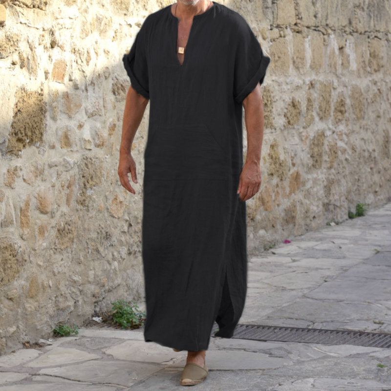 Jubbaトーブイスラムアラビアカフタン男性リネン綿固体半袖フード付きローブドバイ中東イスラム教徒の服のアバヤオム