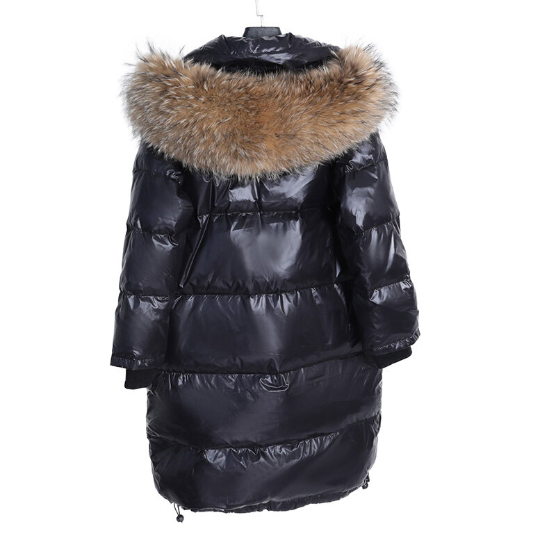 Maomaokong-Chaqueta larga holgada para mujer, abrigo extragrande con capucha y cuello de piel de zorro Real, color negro, a la moda, impermeable, para invierno, 2022