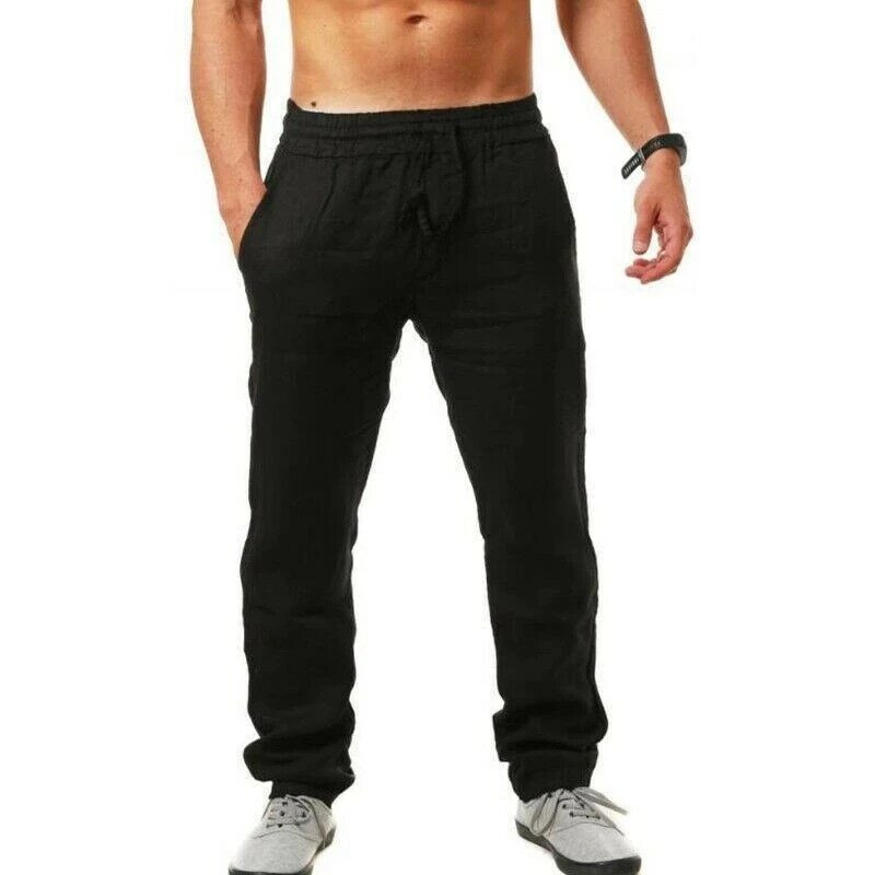 Spodnie męskie bawełniane lniane spodnie biegaczy Casual jednolita elastyczna talia proste luźne sportowe spodnie do biegania Plus rozmiar odzieży męskiej