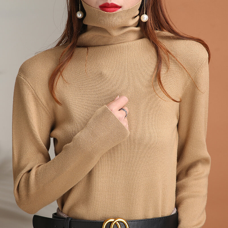 Suéter de cuello alto para mujer, Jersey ajustado de manga larga, moda coreana, Tops de punto con cuello de pila, tendencia, novedad de primavera y otoño