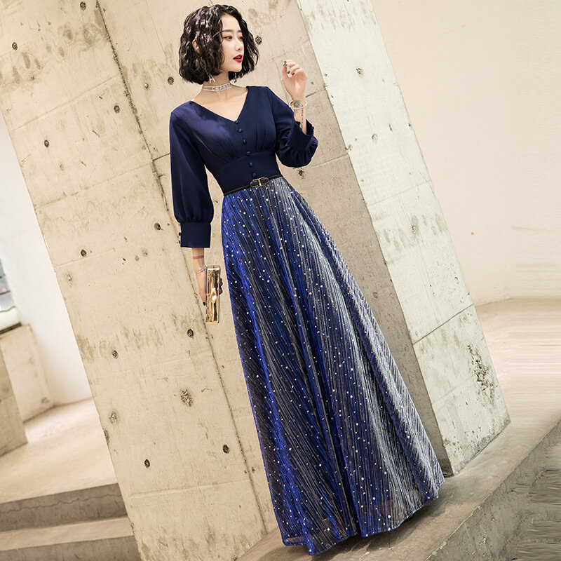 ชุดราตรีอย่างเป็นทางการสำหรับผู้หญิงคอ V Sequins Slim ยาวชุดราตรีพลัสขนาดหญิงสีน้ำเงินเข้มพรหม vestidos