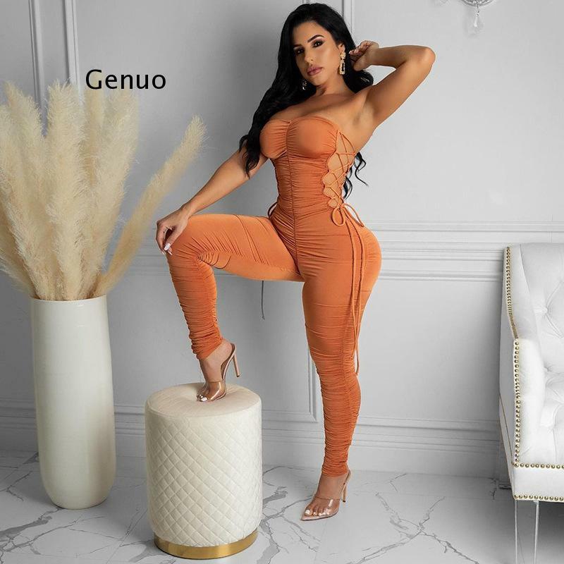 Women Autumn Summer Strapless Hollow Out Bodycon Soild Color Jumpsuit Romper Playsuit 2021 Fall Clothes Streetwear