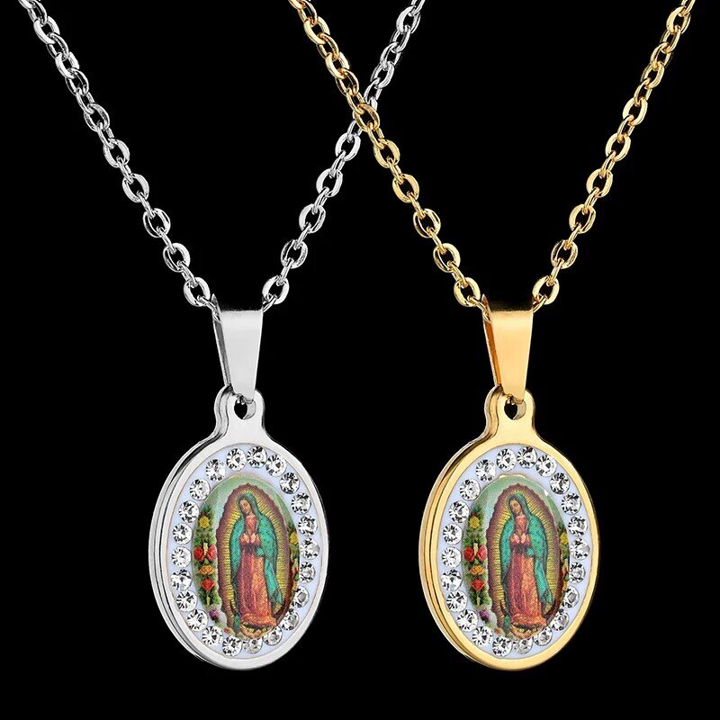 Uzone Religiöse Jungfrau Maria Anhänger Amulett Halskette Edelstahl Christian Schmuck Stein Gebet Halsketten Für Frauen Kragen