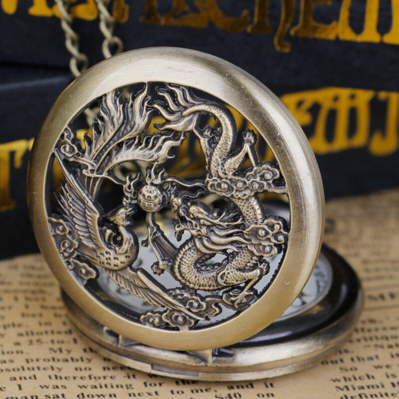 Reloj de bolsillo con diseño de dragón hueco y Fénix para niños, cadena de reloj de moda, reloj fresco, regalo Unisex