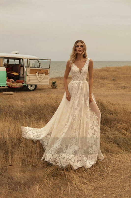 DREAM-فستان زفاف ريفي بوهيمي ، فستان بدون ظهر برقبة على شكل V ، فستان عروس بوهو بظهر مفتوح ، وهمي ، دانتيل