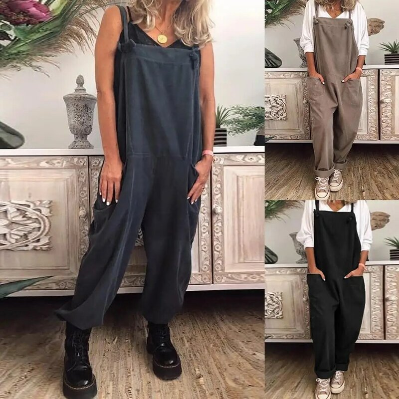 Women Casual Solid Color Sleeveless Pockets Long Pants Strap Jumpsuit Overall