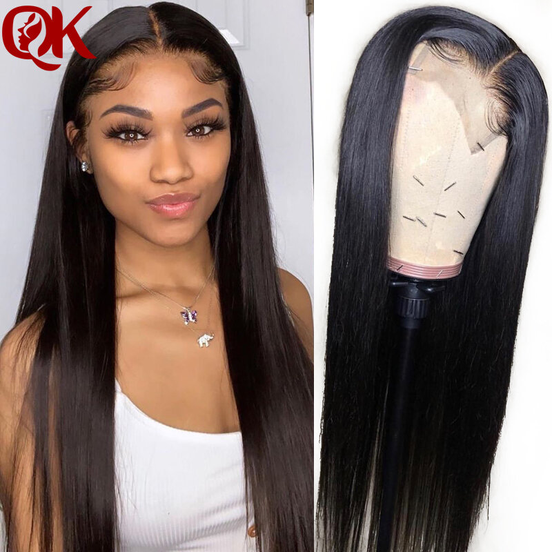 QueenKing – perruque Lace Front Wig brésilienne Remy, cheveux naturels lisses, pre-plucked, avec Baby Hair, nœuds décolorés, pour femmes africaines