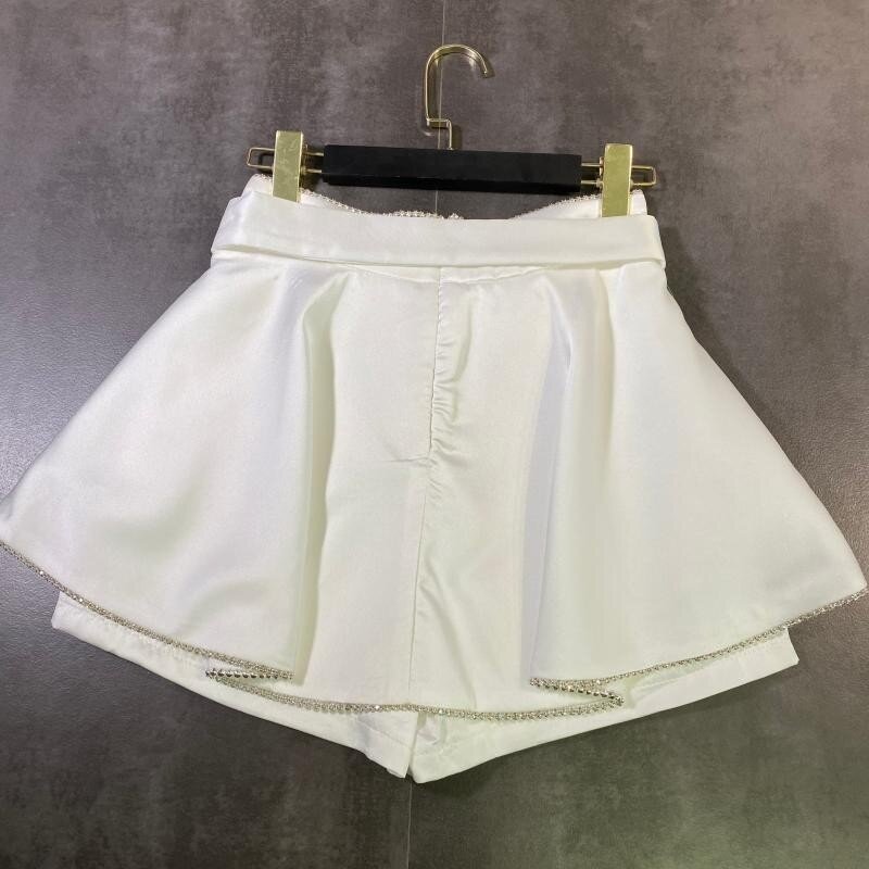 ฤดูร้อนใหม่ผู้หญิง Bling เพชรกลีบกางเกงขาสั้นกระโปรงสุภาพสตรี Belted Slim Fit ขากว้างกางเกงขาสั้นสีขาวสั้นกางเกง