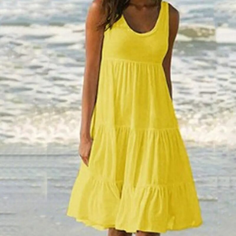 جوكو جولي فستان نسائي قصير بياقة دائرية بدون أكمام بكشكشة فستان بوهو سادة للشاطئ فستان فضفاض كبير الحجم لصيف 2023