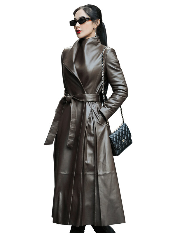 Nerazzurri-우아한 럭셔리 패션 롱 브라운 블랙 소프트 인조 가죽 트렌치 코트 여성용, 벨트 스커트, 5xl 6xl 7xl 2022