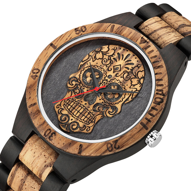 Alta Qualidade Crânio Cabeça Relógio De Madeira para Homens Esqueleto Gravado México Punk Rock Dial Relógio De Madeira Relógios Masculino relógio masculino