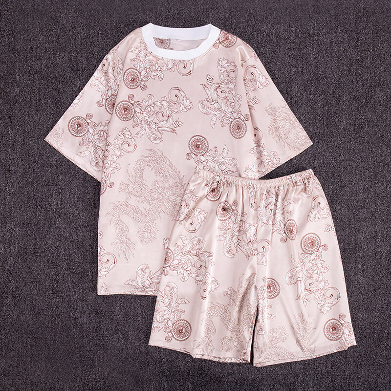 Spring Summer Autumn Men Satin Silk Pyjamas Sets of T-shirt & Shorts Male Pijama Sleepwear Leisure Home Clothing