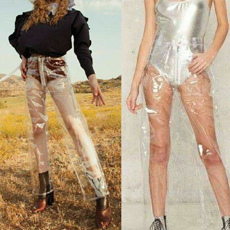 Penjualan Laris Celana Pinggang Tinggi Kaki Lebar Transparansi Wanita Celana Ketat Plastik PVC Tahan Air Celana Panjang Individualitas Panjang Longgar