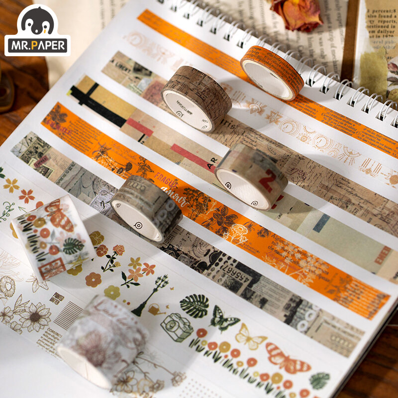Cinta adhesiva de papel Mr Paper con 8 rollos, estilo Granny, llamativa, botánica, para decoración de álbumes de recortes, cintas Washi, bala, diario, DIY
