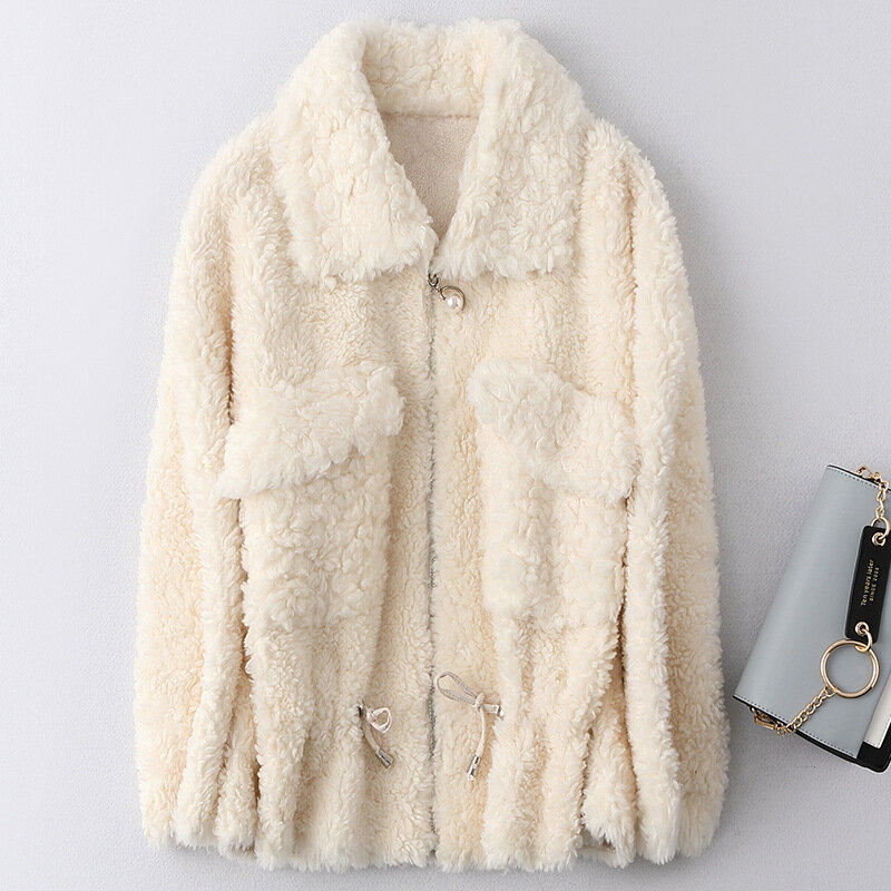 Casaco de lã feminino com pele verdadeira, jaqueta coreana vintage para outono e inverno, blusa de ovelha zt5006