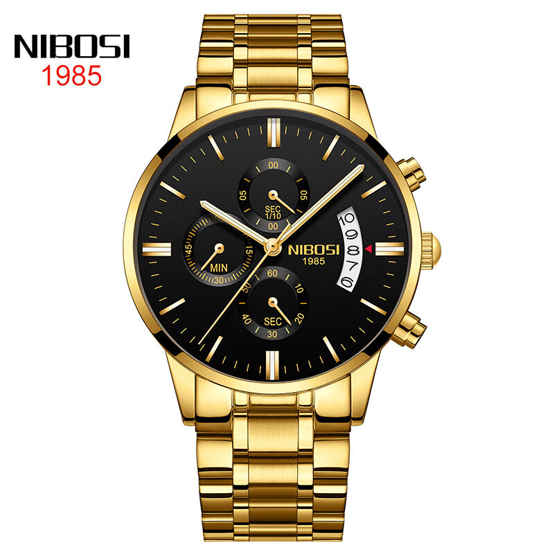 NIBOSI Gold นาฬิกาผู้ชายหรูหราแบรนด์ที่มีชื่อเสียงผู้ชายแฟชั่น Casual นาฬิกานาฬิกาข้อมือควอตซ์ทหาร Relogio Masculino 2309