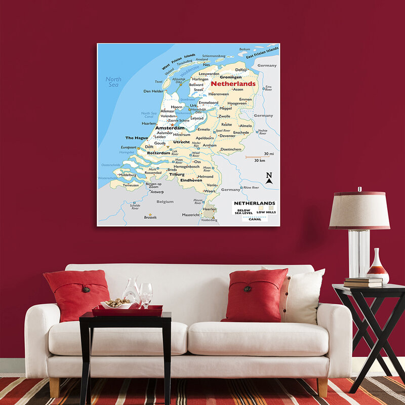 150*150 см Нидерланды орографические карта Большой нетканый Холст Картина стене плакат классная дома украшения школьные принадлежности