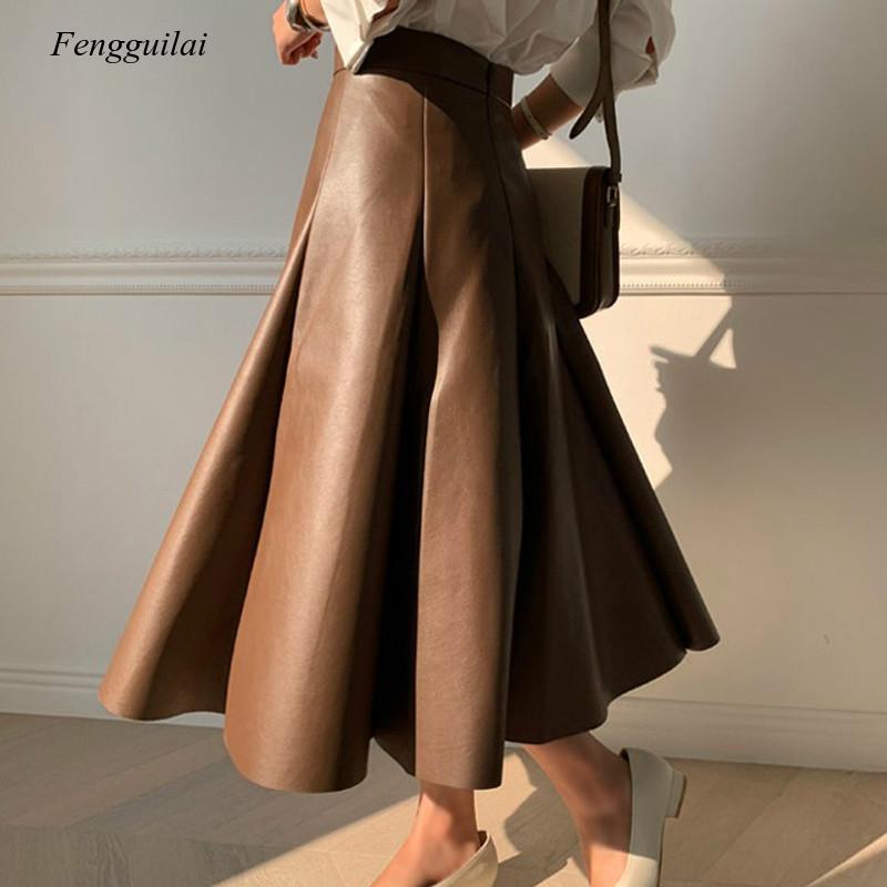 Falda Midi elegante de cuero sintético para mujer, falda acampanada de cintura alta para oficina, color negro y liso, primavera 2021