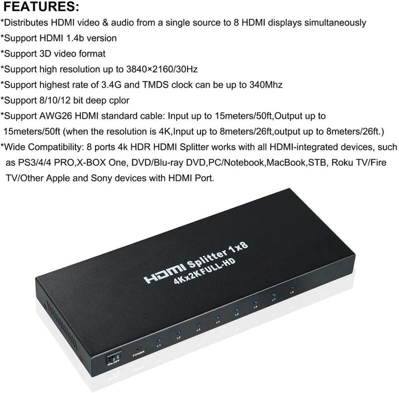 4K 1x8 HDMI сплиттер один в восемь выходной 8 каналов HDMI сплиттер Аудио Видео распределитель усилитель с зарядным устройством Full HD 3D и 4K