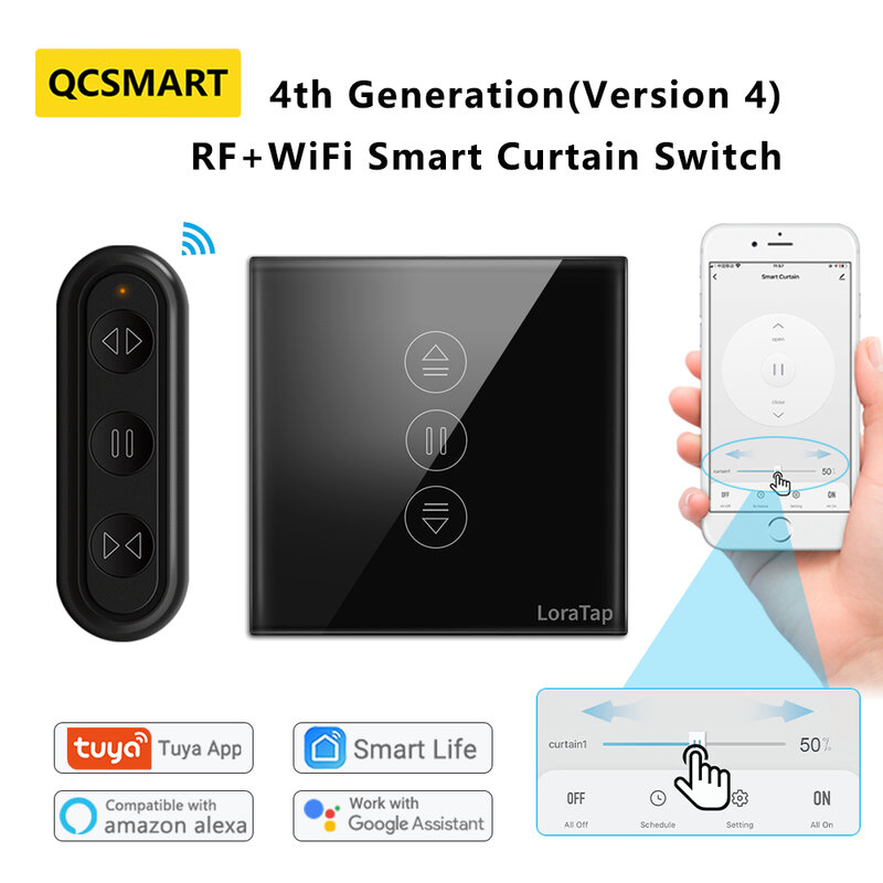 QCSMART-Interruptor de cortina negra, Control remoto para persiana enrollable, Control a través de Google Home, Alexa, Smart Life, Tuya, 4ª generación