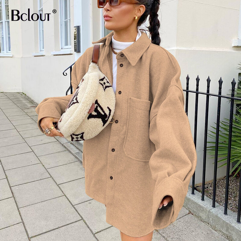 Bclout woollen Cloth 긴 소매 코트 여성 가을 겨울 브라운 턴 다운 칼라 코트 자켓 셔츠 여성용 포켓 여성용 탑스