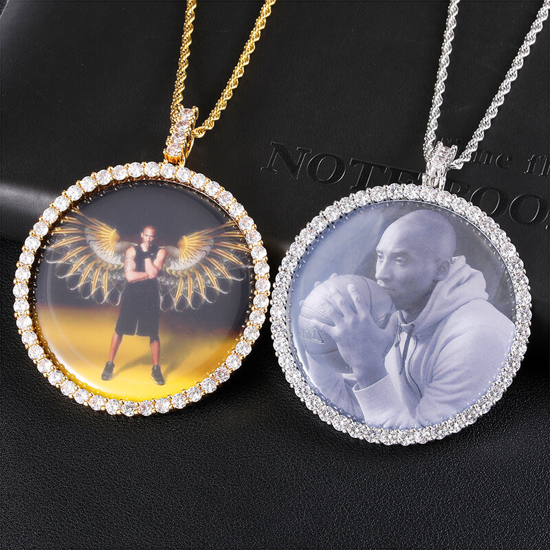 Medallones de foto personalizados redondos y grandes de Hip Hop, collar y colgante personalizado de circonia cúbica AAA ostentosa, joyería para hombres, parte trasera sólida