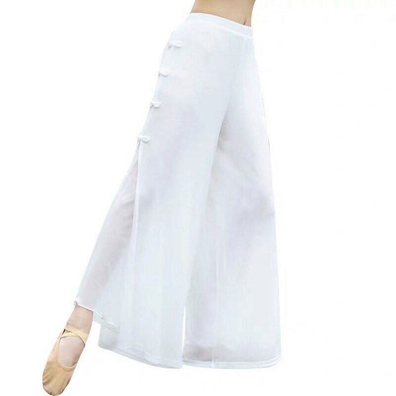 Estilo chinês desempenho calças branco preto clássico dança prática roupas kawaii bonito calças perna larga cintura elástica feminino