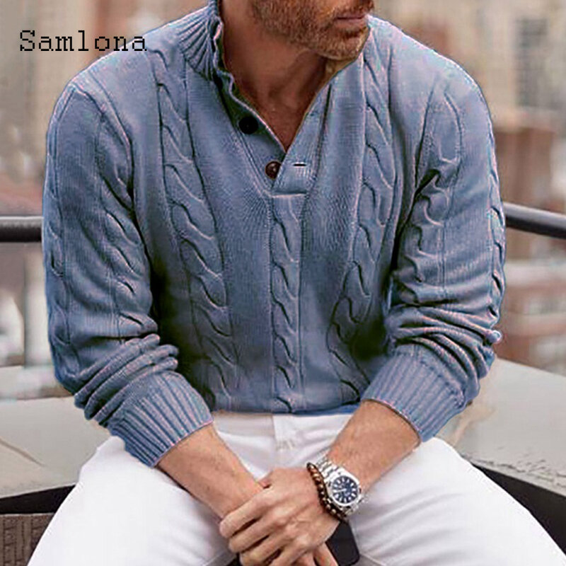 Samlona Autumn Winter Sweater Single-breasted Knitwear Men Smart Casual Pullovers Kpop Style Knitting Sweater Mens Clothing 2021