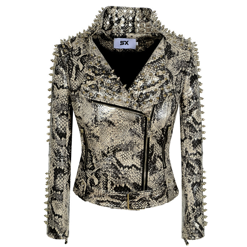 Nowe damskie wiosna wzór w cętki PU nitowana kurtka Zipper szpilki płaszcz z kołnierzykiem z klapami Moto pas kobieta Faux Leather Windbreak odzież wierzchnia