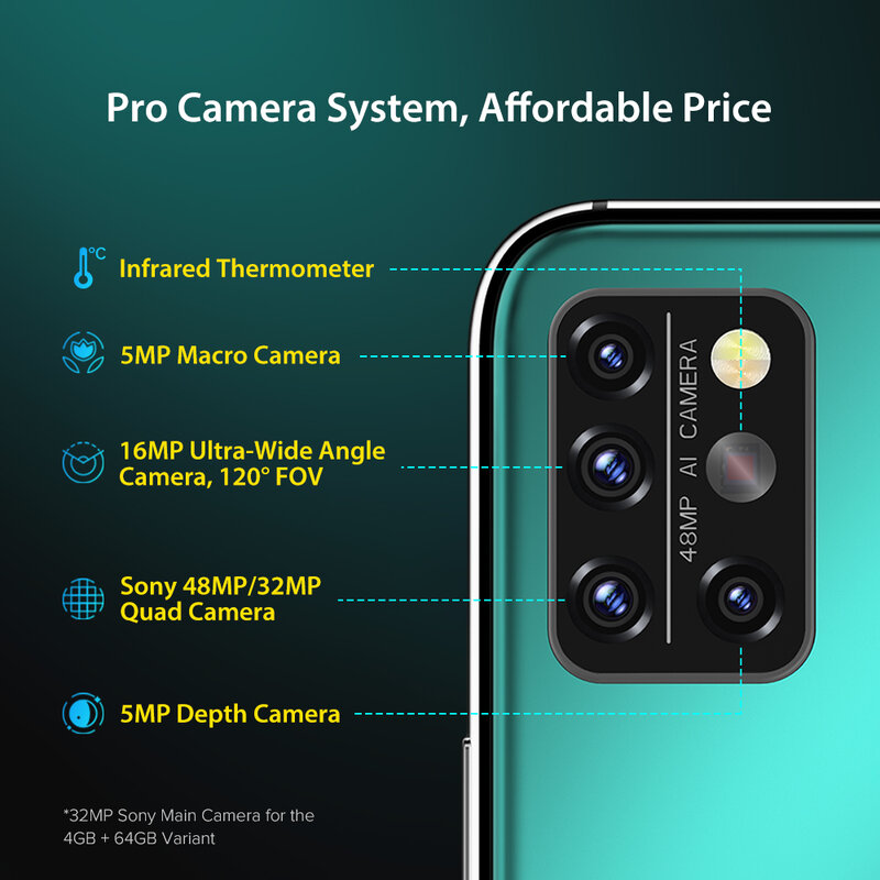UMIDIGI A9 Pro Unlocked Android 10 Smartphone Global Version 6.3" FHD+ 32MP/48MP Quad Camera Cellular Helio P60 Cell Phone
