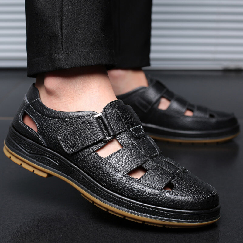 WOTTE-Sandales classiques en cuir véritable pour homme, chaussures décontractées, confortables, solides, pour l'extérieur