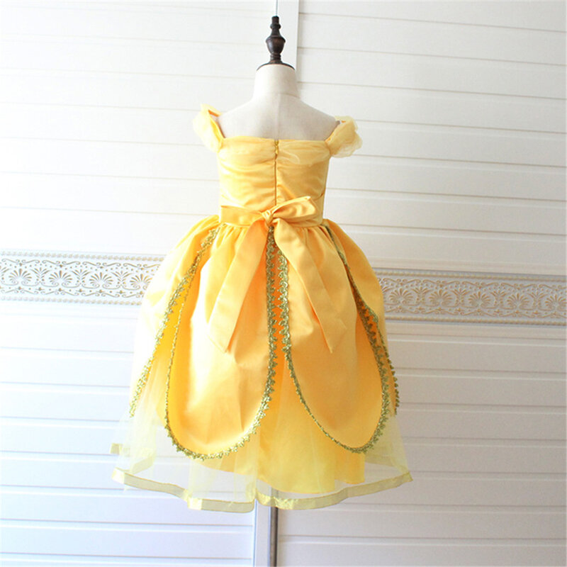 Toddler Girl Belle Dress Beauty and Beast Halloween Child Cosplay Costume Party Yellow Fluffy Pageant Gowns Fairy Princess Wig