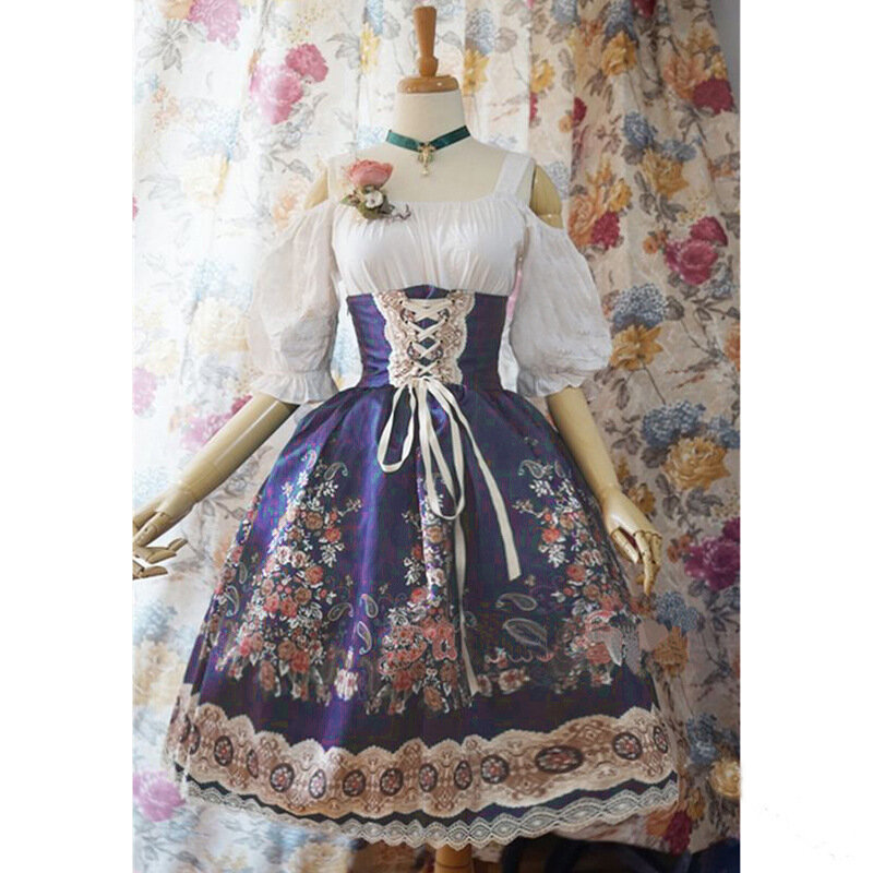 Wepbel Vintage Floral Printed Lolita Dress Princess Lantern High Waist  Corset Tutu Court Style Women Dresses