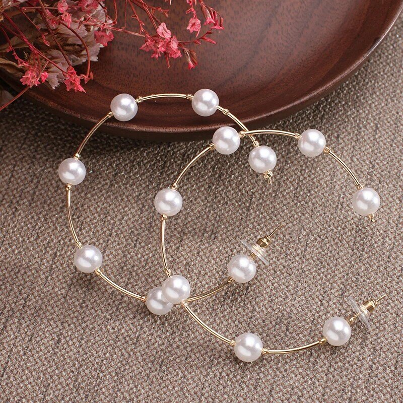 Simple Plain Gold Color Metal Pearl Hoop Earrings Fashion Big Circle Hoops Statement Earrings for Women Party Jewelry