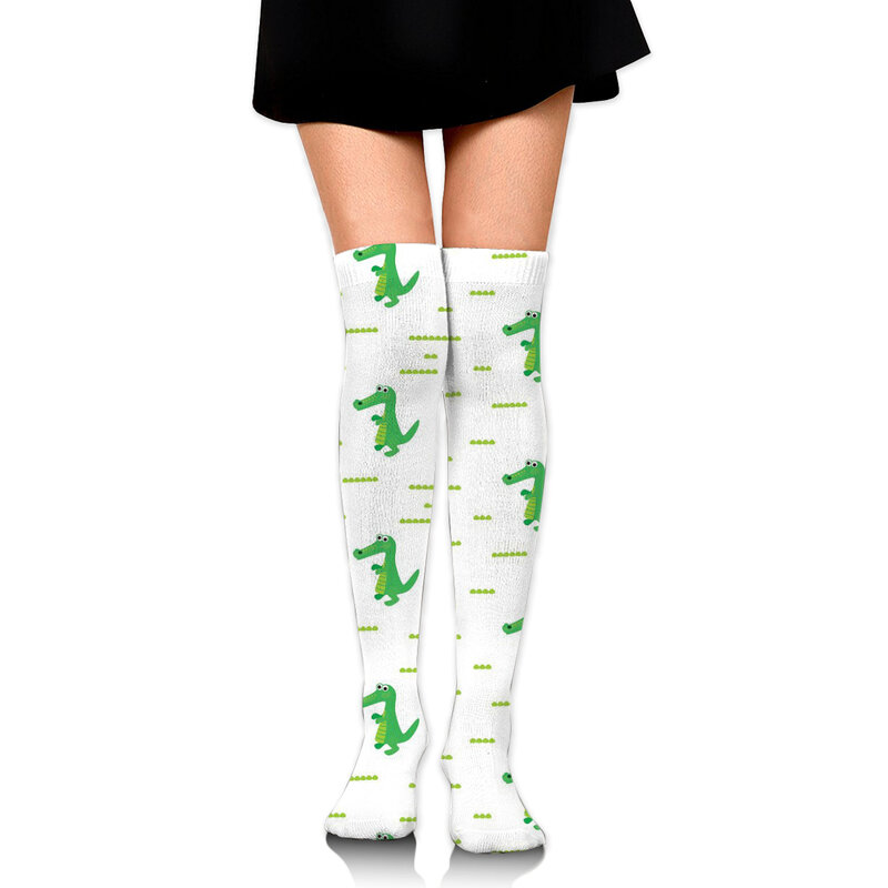 NOISYDESIGNS-calcetines altos por encima de la rodilla para mujer, medias largas con estampado de dinosaurio verde, a la moda