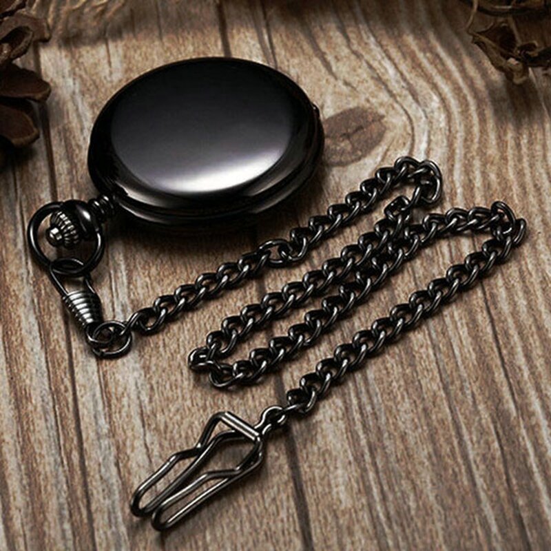Retro czarny Fashion srebrny, gładki Steampunk kieszonkowy zegarek kwarcowy ze stali nierdzewnej stalowy wisiorek 30CM łańcuch pudełko dla mężczyzn kobiet przyjaciela