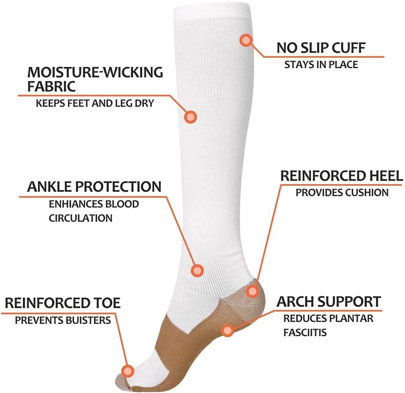 ทองแดงถุงเท้าการบีบอัดผู้ชายผู้หญิง Anti ความเมื่อยล้าบรรเทาอาการปวดเข่าถุงน่องสูง20-30 MmHg สำหรับวิ่งกีฬาการตั้งครรภ์ XXL