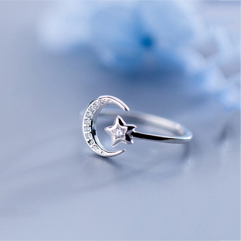 Echt 925 Sterling Silber Minimalis Zirkon Mond Sterne Öffnung Ring Für Charming Frauen Partei Edlen Schmuck Nette 2019 Geschenk