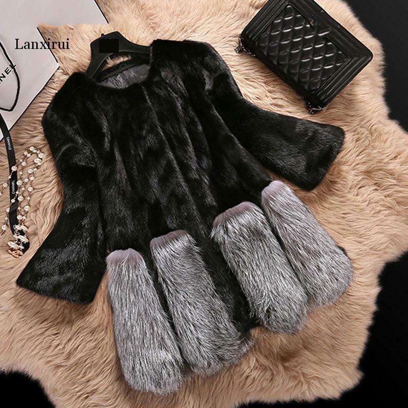 Abrigo de piel de imitación de zorro y visón para Mujer, chaqueta de piel sintética de lujo, medio largo, Invierno