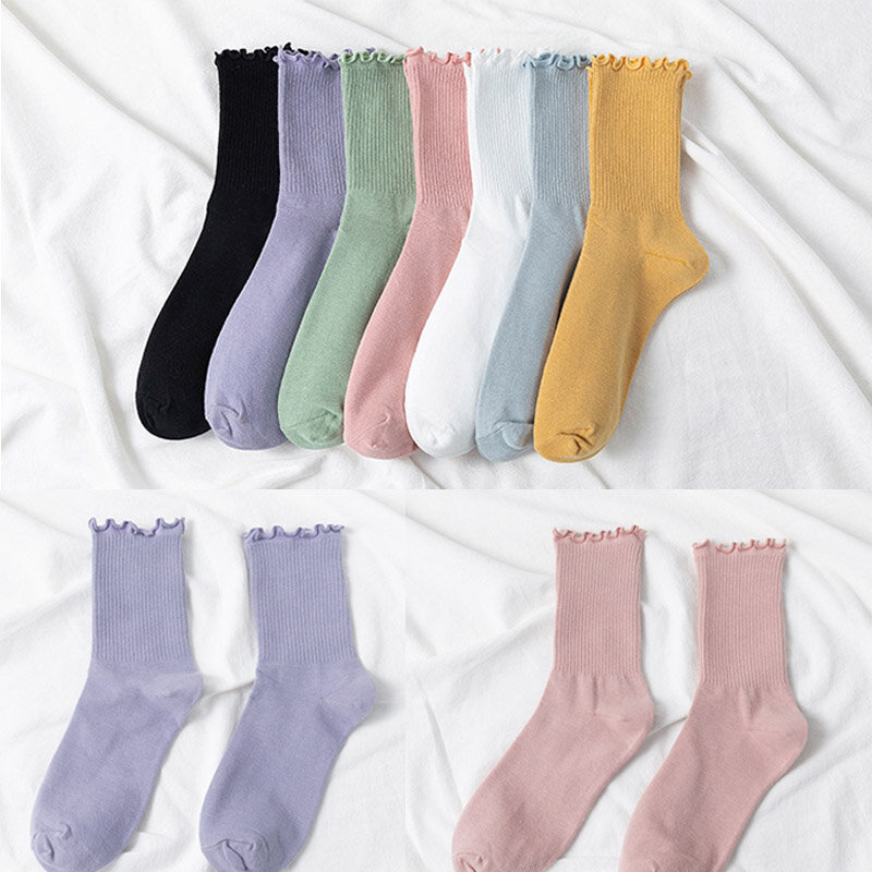 Frauen Weiß Baumwolle Socken Herbst Medium Rohr Einfarbig College Gekräuselt Worden Pile Socken Japanische Süßigkeiten Farbe Süße Mädchen Mode Socken