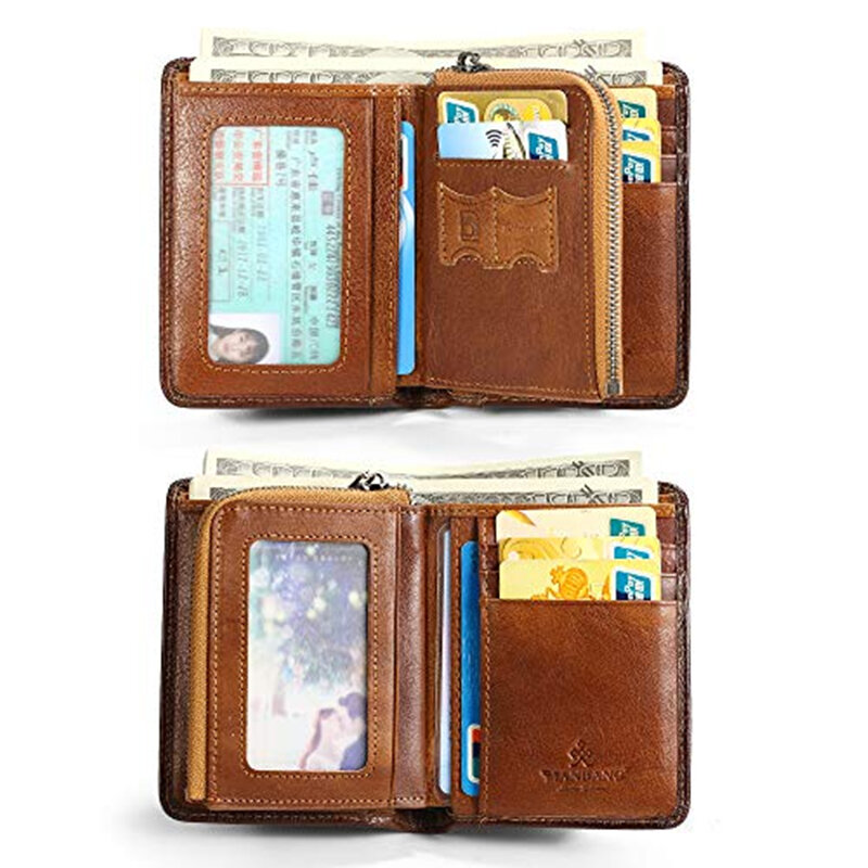 ManBang 남성용 지퍼 정품 가죽 RFID 카드 홀더, 소가죽 지퍼 동전 포켓 이중 지갑, 갈색 고품질
