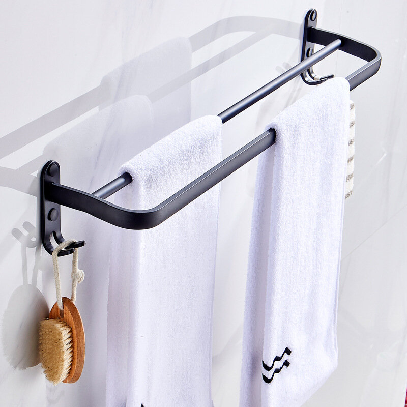 Soporte para toallas de baño, perchero negro montado en la pared, barra doble individual con gancho, colgador de moda de aluminio espacial