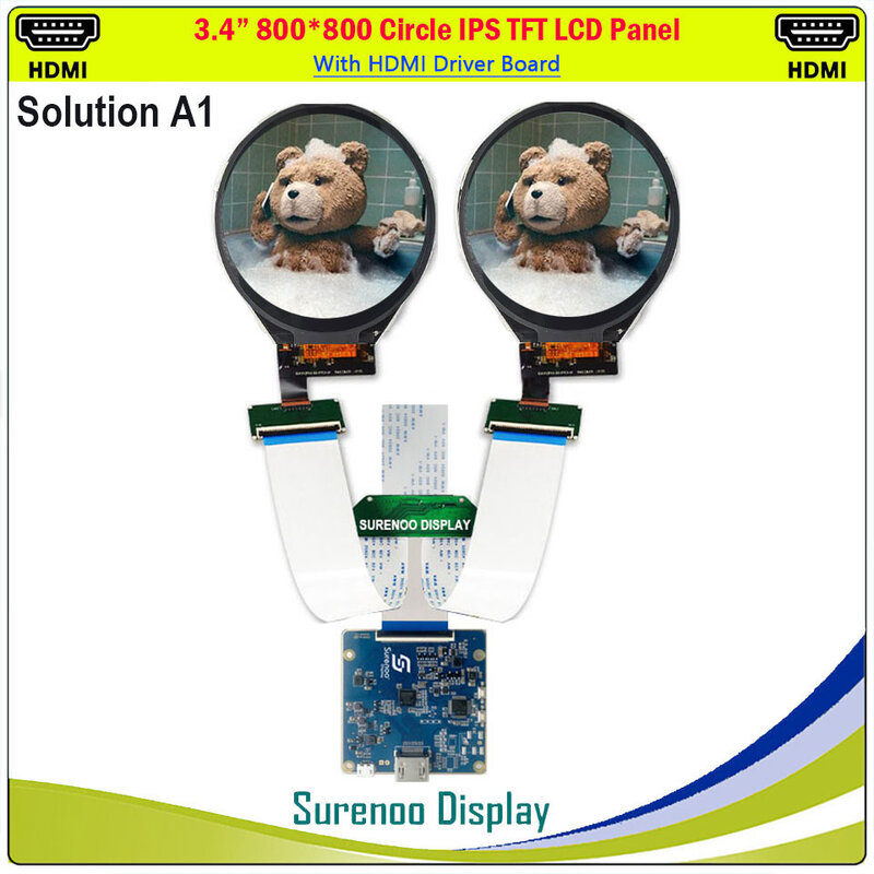 HDMI-Compatível Duplo Duplo Círculo Redondo Circular LCD Módulo Screen Display Panel, IPS TFT, LCM, TM034XVZP01, 800x800, 3,4"